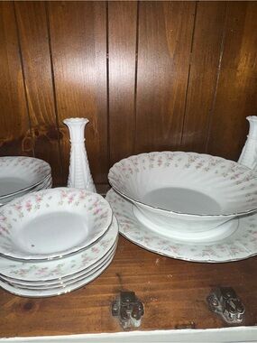 Vintage Floral Porcelain Fine China set - White with Pink Rose Pattern